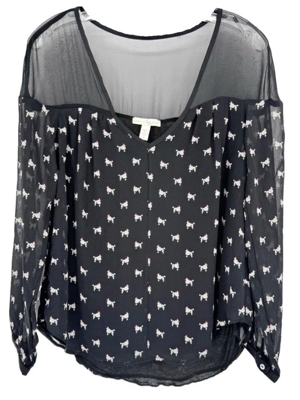 Poodle Print Anthropologie Weston Wear 100% Silk Blouse Black Top Parisian Small